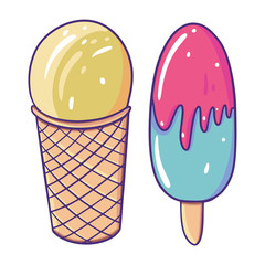 Lemon Ice Cream in waffle cup and popsicle on a stick. Hand drawn vector illustration. Flat cartoon style.