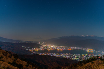 【夜景】高ボッチ高原から望む富士山と諏訪湖　秋