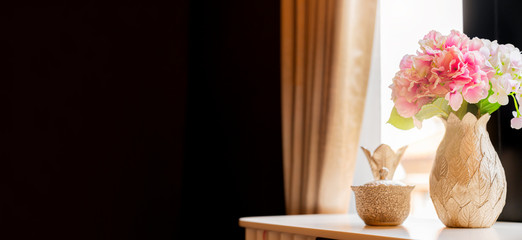 banner size white ceramic vase and pink flower decorative home ideas with light morning from window
