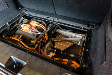 Image of Electric car, EV car System underhood high-voltage cables wiring with Electric Motor for drive.