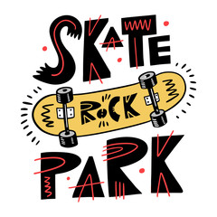 Yellow skateboard vector illustration. Skate Rock Park Phrase. © Oktyabr