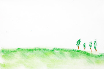 Naklejka na ściany i meble Hand Drawn green hill and trees with copy space pastel color 