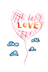 Hand Drawn love balloon with clouds on white 