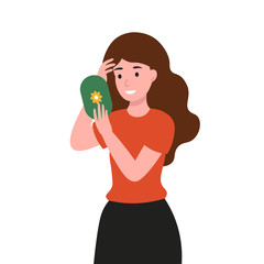 Pretty young woman watching a mirror admires herself and straightens her hair. Flat vector cartoon illustration.