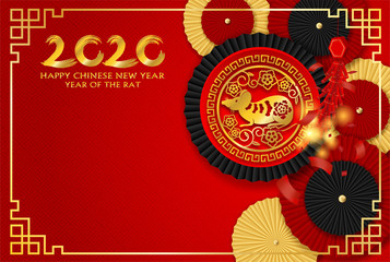 2020 Happy Chinese New Year background. Design with chinese paper fan and firecrackers .paper art style. happy rat year. Vector.