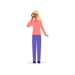 Girl with a magnifier, poor eyesight, vision problems. Flat vector cartoon modern illustration character isolated. Symptom of Neurological Disease.
