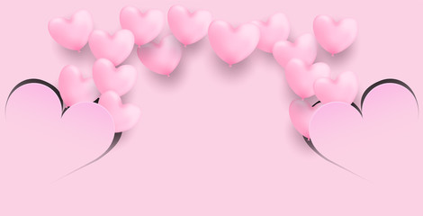 Happy Valentine day background. Design with pink heart balloons flying outside the paper art heart on pink background. Vector.