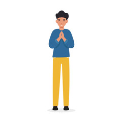 Christian prayer character man prays to God. Flat vector cartoon illustration.