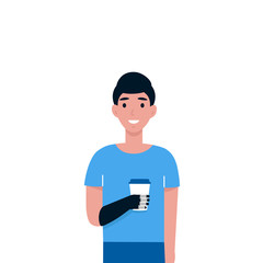 Man with bionic arm hold drink. Disabled person with prosthesis. Male with a mechanical hand. Flat vector cartoon illustration.
