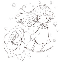 Cute hand drawn doodle cute angel of flowers flying on one rose and small grass flower floating around,  vector illustration, kawaii character design, Coloring book, wallpaper and sticker tattoo.