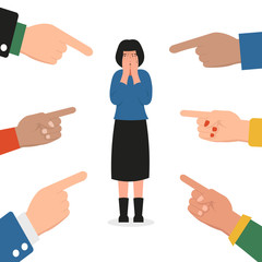 Sad crying woman surrounded by hands fingers pointing to her. Publicly condemn, society pressure. Flat vector cartoon illustration concept.