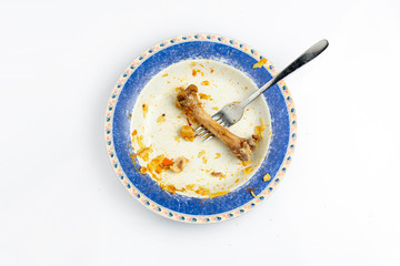 They ate the turkey with noodles with corn salad, carrot and lettuce on white background