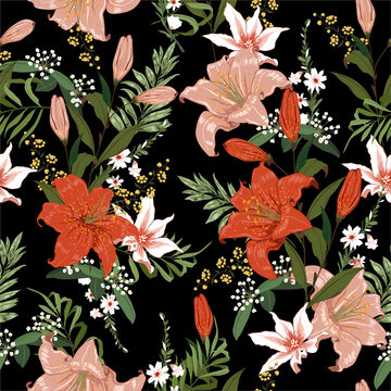 Seamless dark booling lily and tropical flower seamless pattern . Many kind of botanical plants hand drawn style illustration, Designf or fashion , fabric, web, wallpaper ,wrapping and all prints