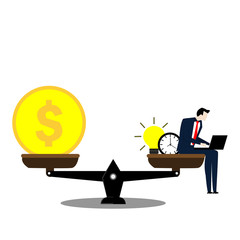 Business person connecting brain into ideas.Scale balance of time is money Concept business vector illustration