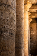 ancient egyptian architecture ruins. hieroglyphs and columns of the Temple of Horus at Edfu, in Egypt