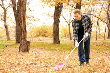 Man cleaning up autumn leaves outdoors