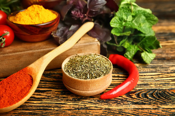 Many different spices on table