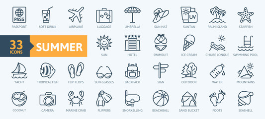 Fototapeta Summer, vacation, beach elements - minimal thin line web icon set. Outline icons collection. Simple vector illustration. obraz