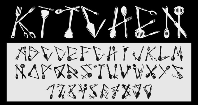 Font from images of tableware skimmer, ladle, small ladle, drain spoon, slice and others. Vector image. The font for menus, banners and posters in the restaurant. Kitchen font.