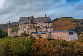 Fototapeta na wymiar Vianden Castle, Luxembourg's best preserved monument, one of the largest castles West of the Rhine Romanesque style