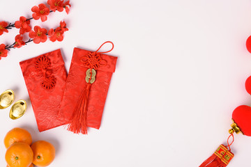 Chinese new year festival concept, flat lay top view, Happy Chinese new year with Red envelope and...
