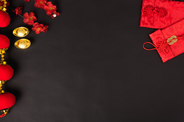 Chinese new year festival concept, flat lay top view, Happy Chinese new year with Red envelope and...