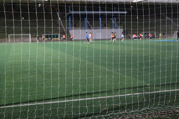 Closeup view of goal net in a soccer playground