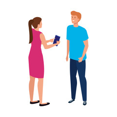 Obraz premium young couple with smartphone avatar character icon