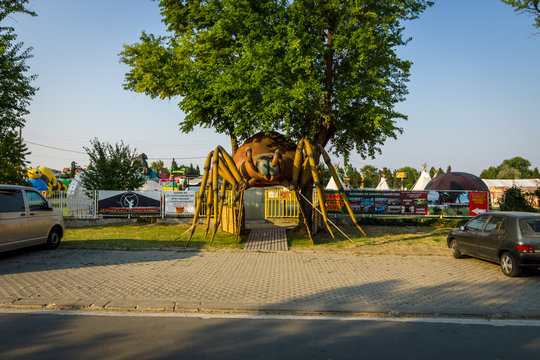 POMORIE, BULGARIA - AUGUST 18, 2017: Entertaining-family park with full-grown figures of dinosaurs - Dino Family Park.
