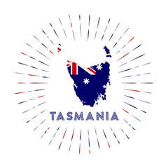 Tasmania sunburst badge. The island sign with map of Tasmania with Australian flag. Colorful rays around the logo. Vector illustration.