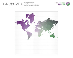 Low poly design of the world. Spherical Mercator projection of the world. Purple Green colored polygons. Trending vector illustration.
