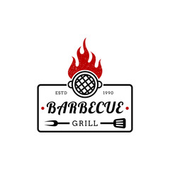 Vintage grilled barbecue logo. Retro BBQ vector. Fire grill food and restaurant icon