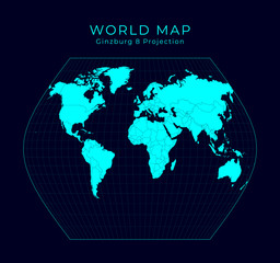 Naklejka premium Map of The World. Ginzburg VIII projection. Futuristic Infographic world illustration. Bright cyan colors on dark background. Radiant vector illustration.