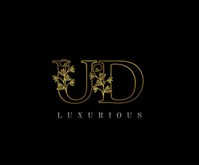 Golden U, D and UD Letter Classy Floral Logo Icon,  Elegant Design.