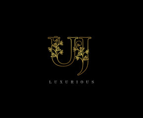 Golden U, J and UJ Letter Classy Floral Logo Icon,  Elegant Design.
