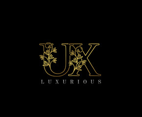 Golden U, X and UX Letter Classy Floral Logo Icon,  Elegant Design.