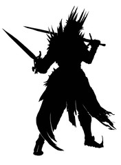 The silhouette of a knight standing with paired swords, makes a pointing gesture with his blade, on his head he has a spiked crown, he is dressed in armor and a ragged cloak. 2D illustration.
