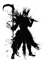 The silhouette of a sinister monster with a terrible smile and glowing eyes, with a scythe and a sword in his hands, plastered with blotches and smears of ink. 2D illustration.