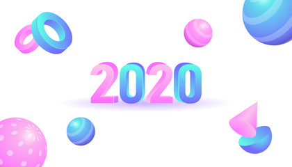 2020 new year background with 3d geometric shapes in soft blue and pink gradient color for greeting