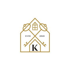 Simple Minimalist House With Crossed Key Logo Template For Real Estate. Property Agent. Marketing Sales, And Professional Realtor. Vintage Housing Logo With Initial Letter K