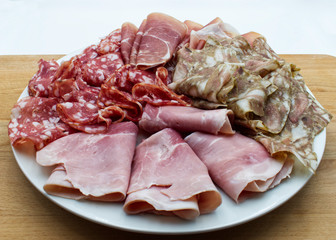 Closeup of tasty meat dishes. Ham, salami, prosciutto, coppa di testa. Italian appetizer