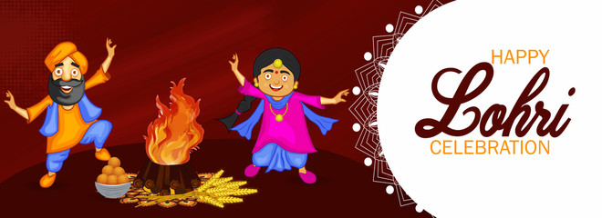 Happy Lohri Celebration. illustration of Happy Lohri holiday background for Punjabi festival with punjabi man and women and bonfire, wheat, sweets.