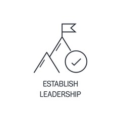 Mountains, flag , checkmark. Establish leadership. Vector linear icon on a white background.
