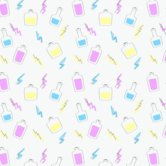 Seamless pattern of hand-drawn bottles and graphic elements of different colors and shapes. Stock vector flat cartoon illustration isolated on white background.