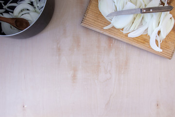 Top view or bill board ready shot of chopping onions