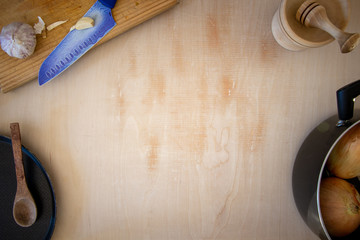 Top view or bill board ready shot of chopping onions