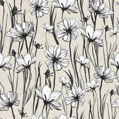 Seamless floral pattern, wildflowers, poppy, ranunculus. Graceful vintage ink painting. Design for wallpaper, fabric, textile, packaging, wedding design.