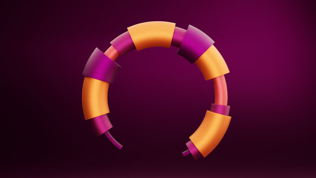 Flying geometric shapes round frame. Realistic set of tubes. Modern background template design on dark color. 3d render illustration.