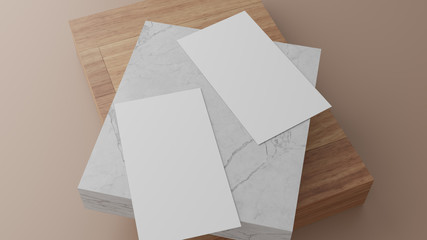 Two blank white business cards template mockup on white marble and wooden block. Neutral color background. 3d rendering