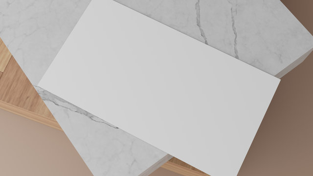 Two blank white business cards template mockup on white marble and wooden block. Neutral color background. 3d rendering